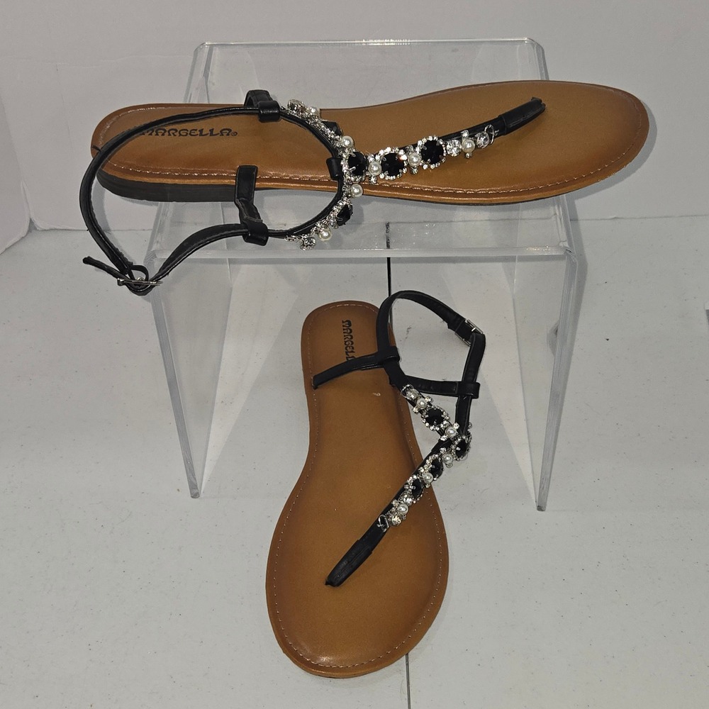 Margella Starbrite Womens Size 13M Black Jeweled T-Strap Flat Sandals Rhinestone